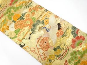 アンティーク　鶴に桧扇・菊・笠松・梅模様織り出し丸帯（材料）